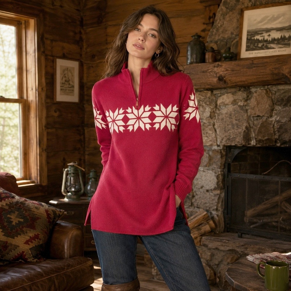 Vintage 90s Liz Claiborne Merino Wool Sweater Womens Large Red Snowflake 1/4 Zip